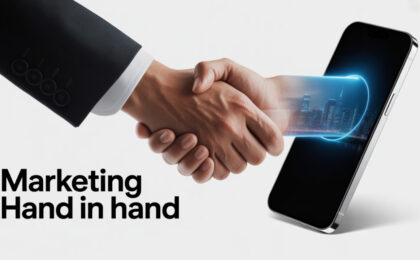 A handshake between a businessperson and a digital hand emerging from a smartphone, symbolising the integration of face-to-face and digital marketing.